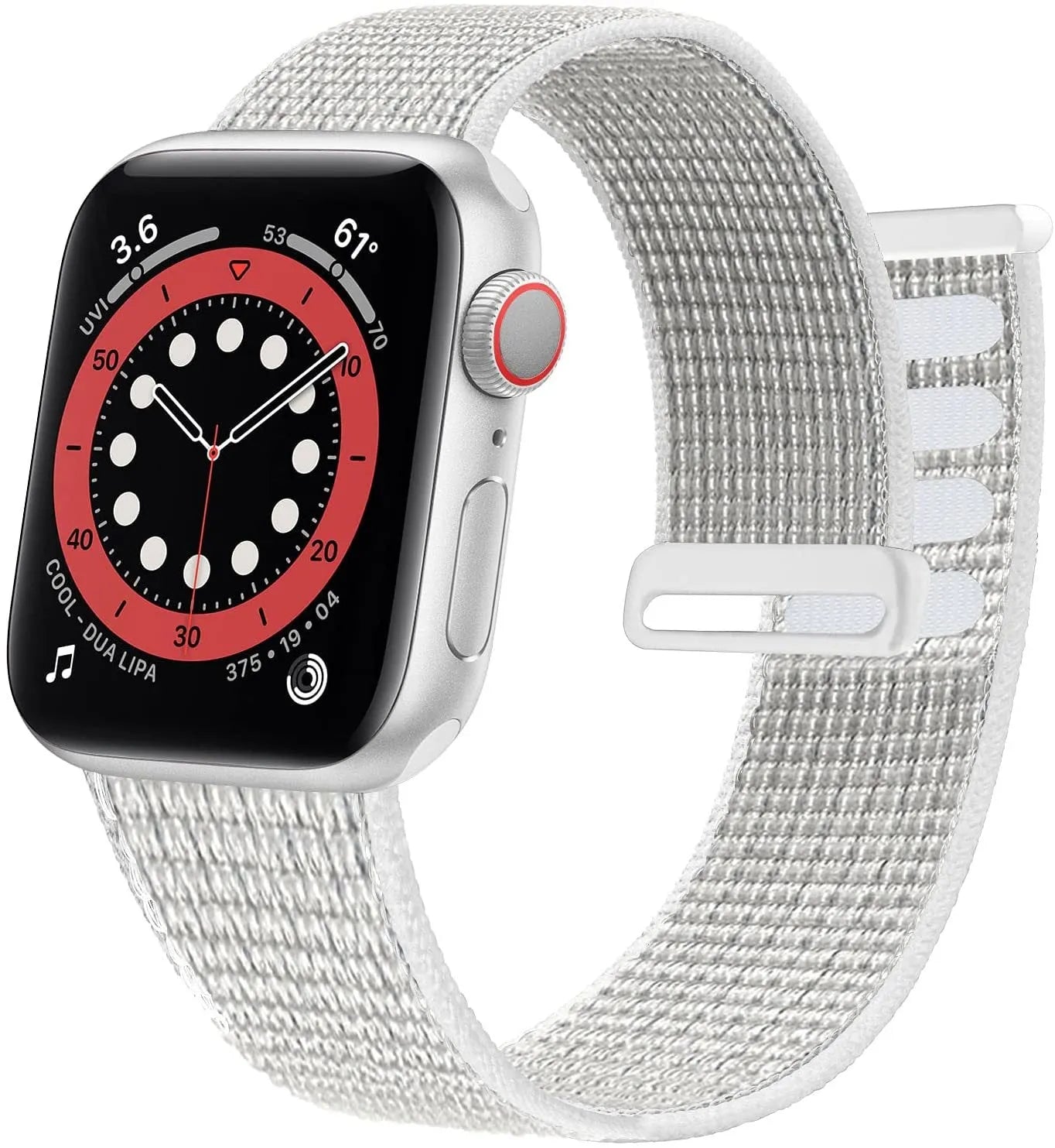Woven nylon smartwatch strap in pink sand colour, shown detached from a watch.