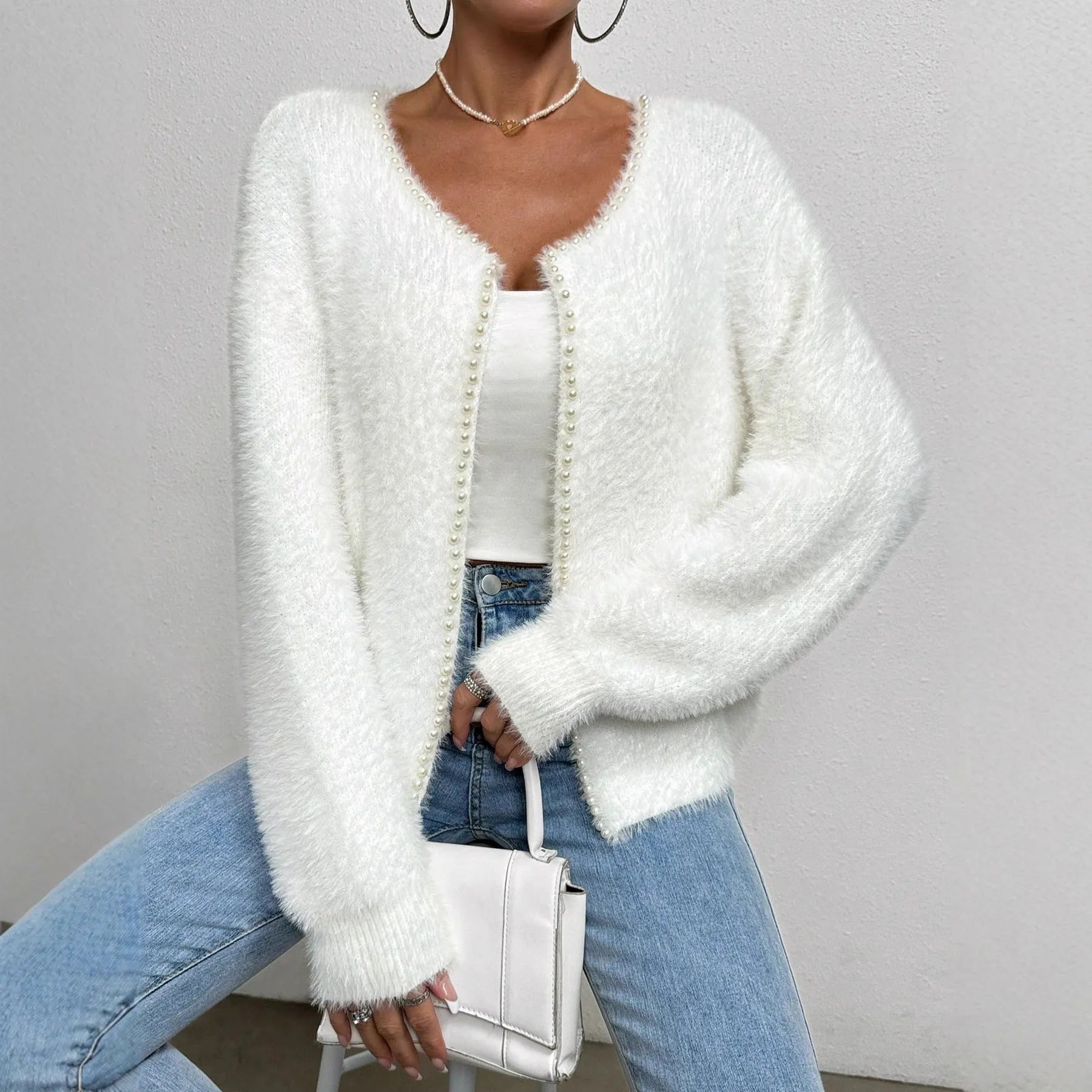 White women's V-neck polyester cardigan sweater with medium thickness and 50cm length