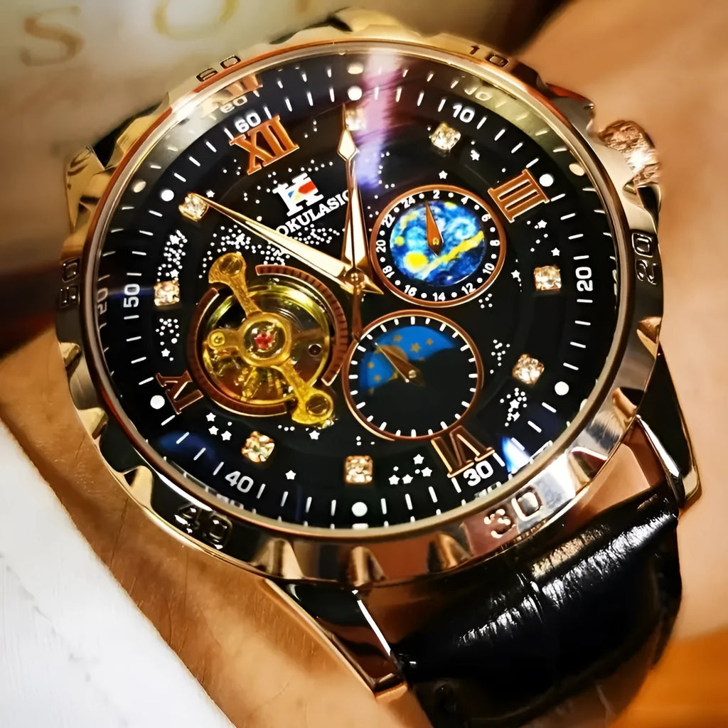 Men's large dial automatic watch with rose gold case, black hollow dial, and transparent back on leather strap.