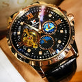 Men's large dial automatic watch with rose gold case, black hollow dial, and transparent back on leather strap.
