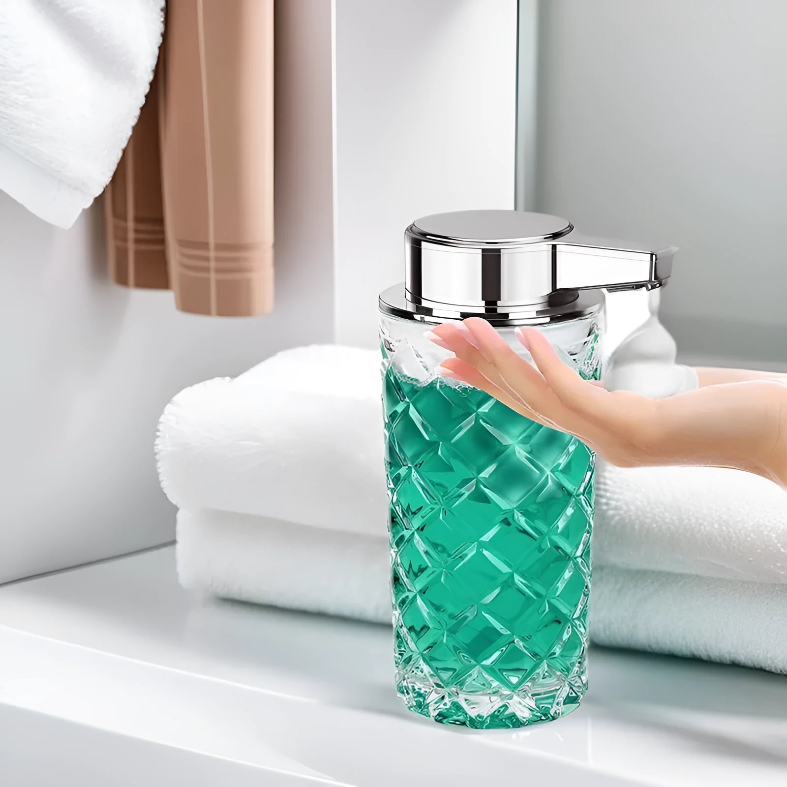 Silver automatic soap dispenser with sensor and USB Type-C charging port on a bathroom countertop