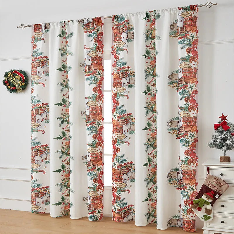 American-style rectangular curtain with printed festive design showing semi-sunshade function