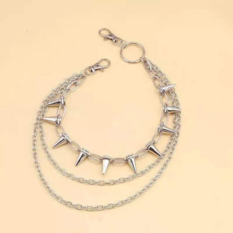 Silver metal alloy punk chain belt with double layers and rivet details, shown at 115cm length.