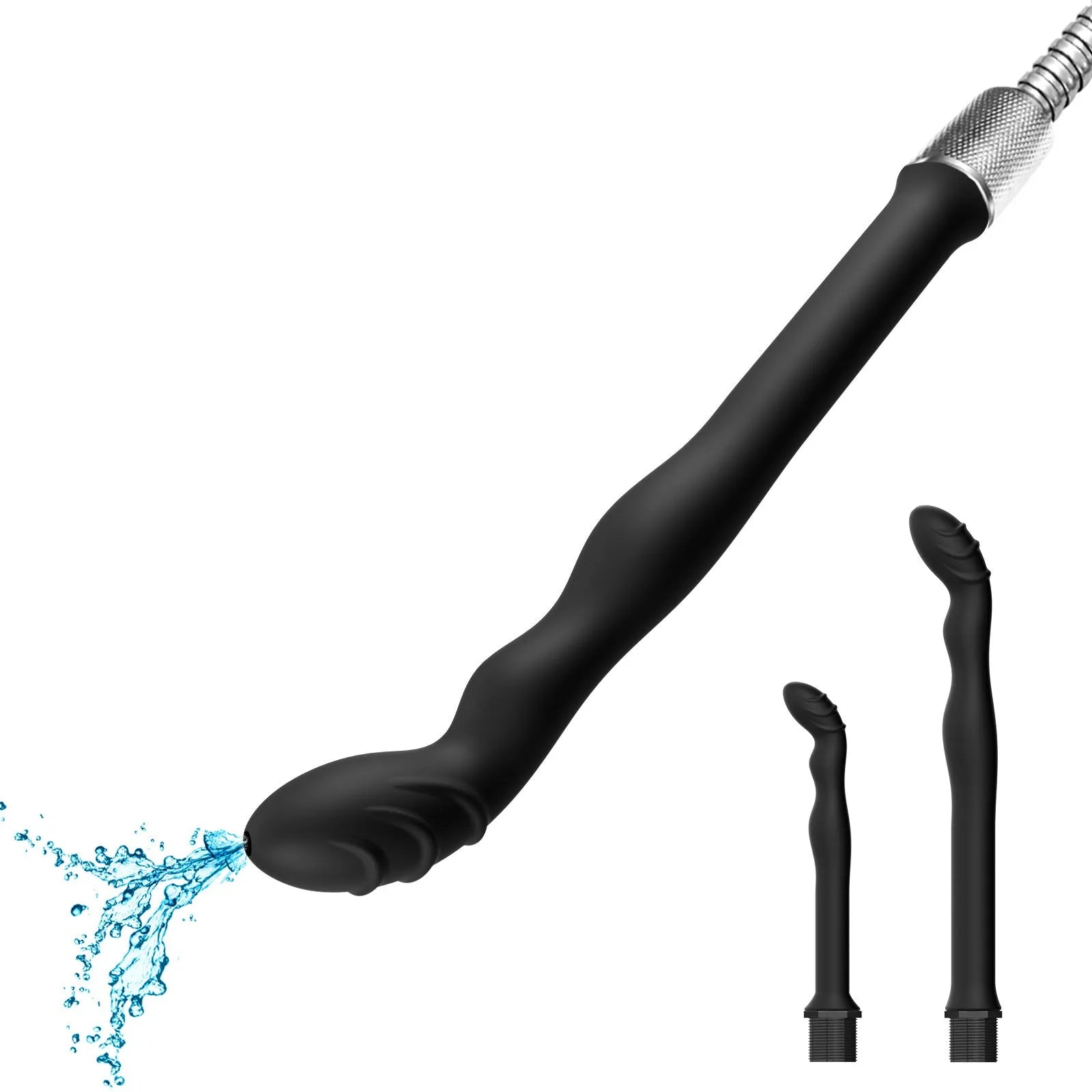 Black flexible silicone hosepipe flusher for cleaning, shown in large and small size options.