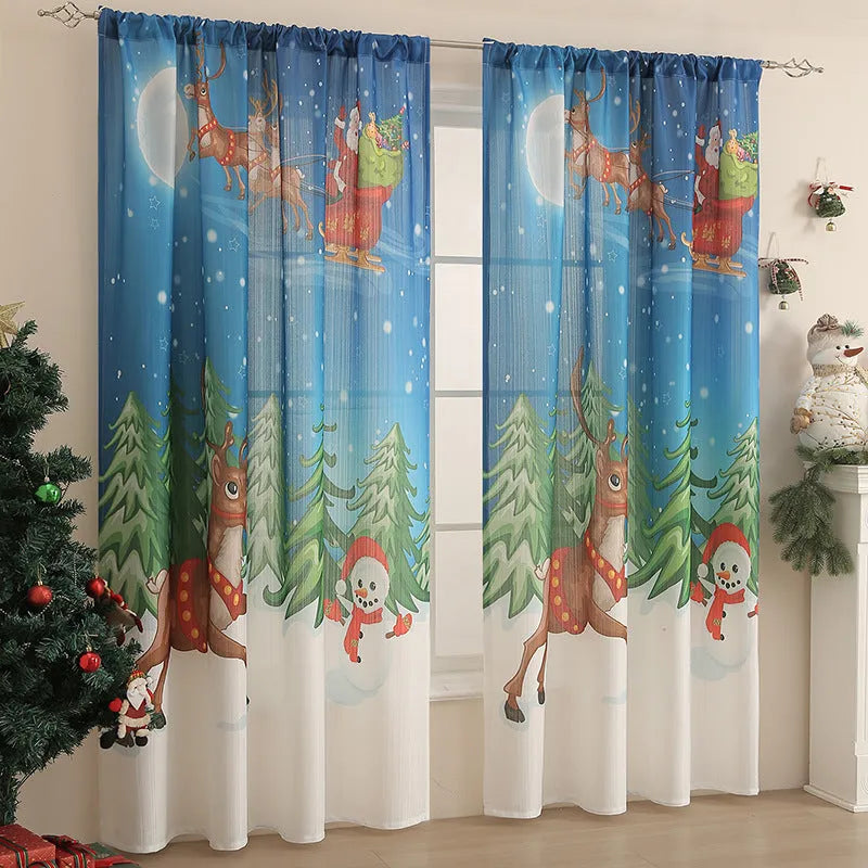 American-style rectangular curtain with printed festive design showing semi-sunshade function
