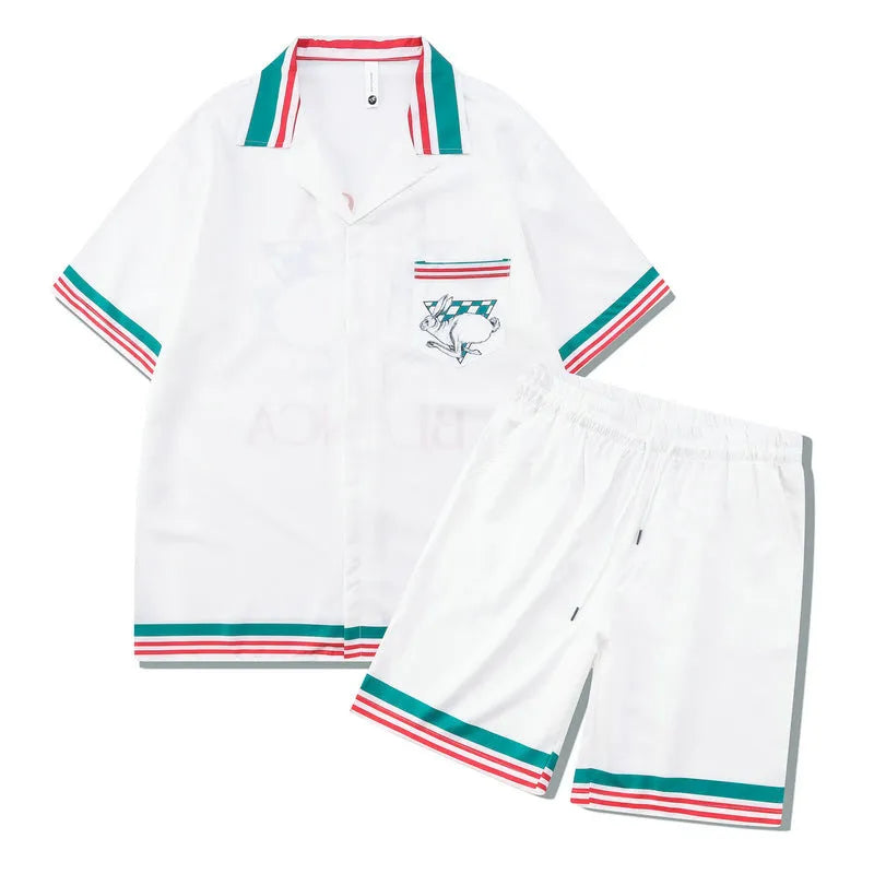 Men's printed plaid beach outfit with short sleeve shirt and trousers in polyester fabric