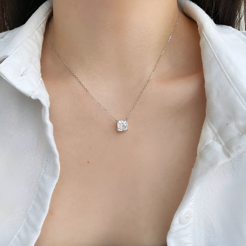 925 silver geometric square white diamond pendant necklace on adjustable clavicle chain in N166 platinum finish