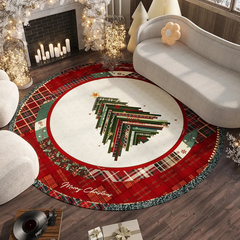 Christmas red round velvet floor mat with absorbent non-slip design for living room decoration