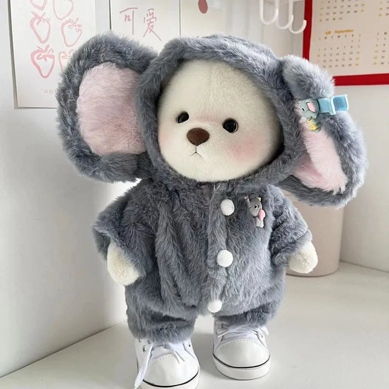Grey plush elephant jumpsuit costume for a 30cm tall teddy bear on a neutral background.