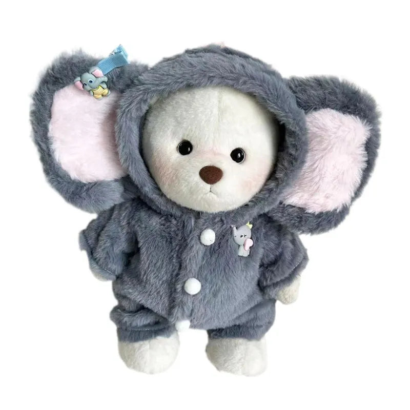 Grey plush elephant jumpsuit costume for a 30cm tall teddy bear on a neutral background.