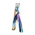 Stainless steel U-shaped nail scissors with an electrophoretic coated handle.