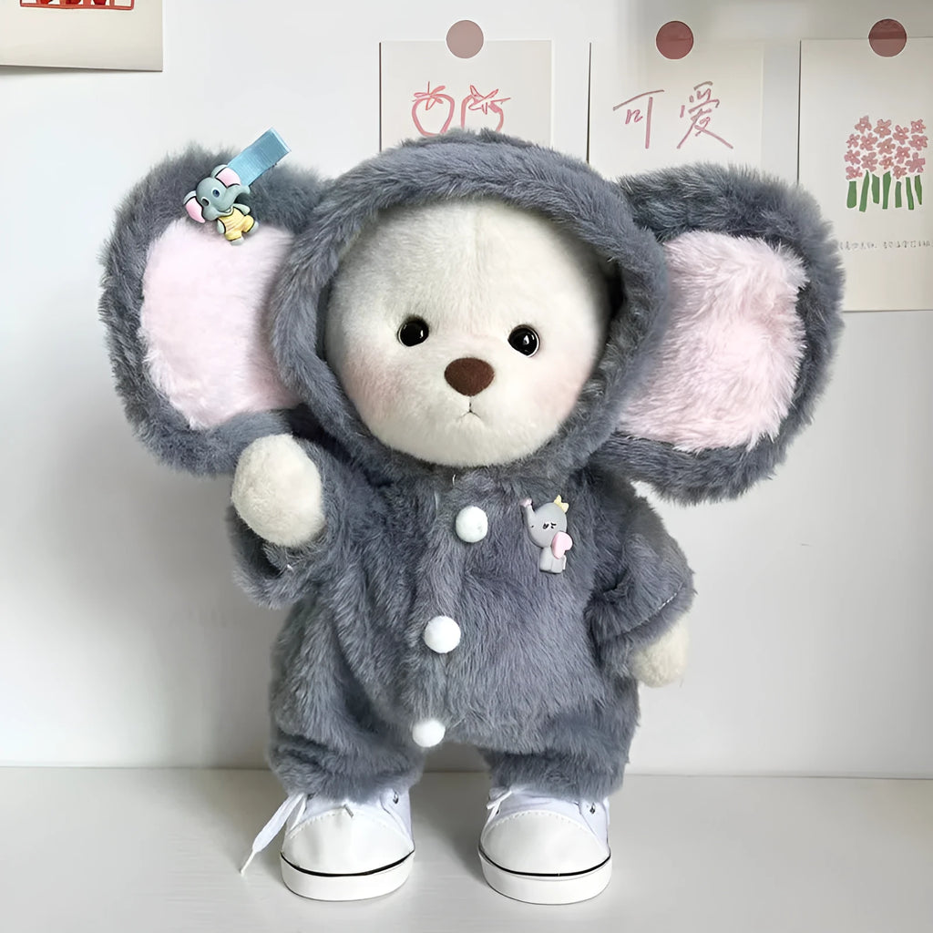 Grey plush elephant jumpsuit costume for a 30cm tall teddy bear on a neutral background.