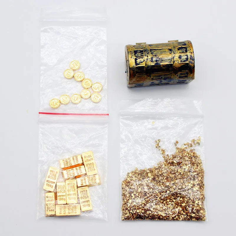 Miniature alloy gold coin treasure box and gold bar dollhouse accessories.