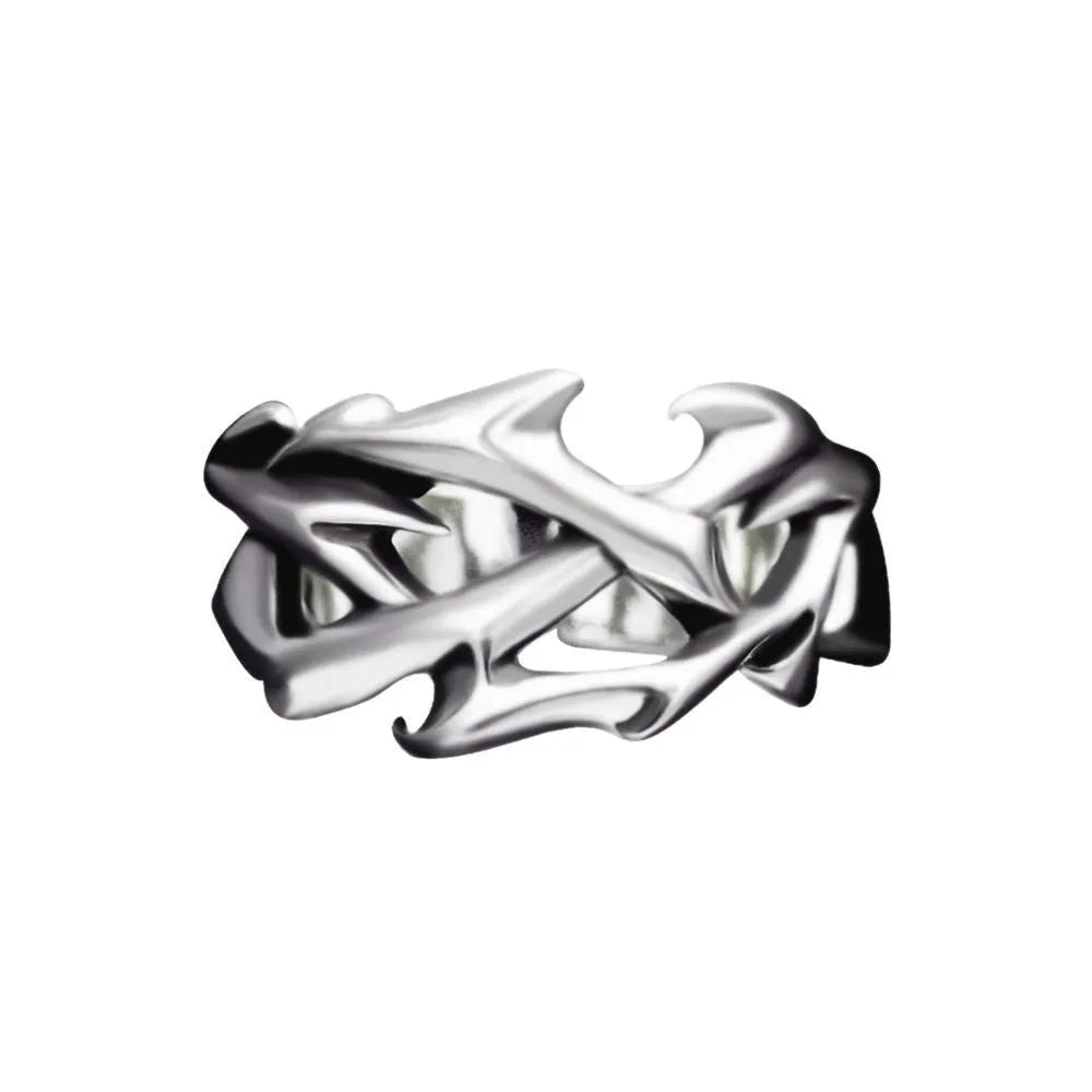 Copper men's ring with geometric thorn and flower design on an adjustable band