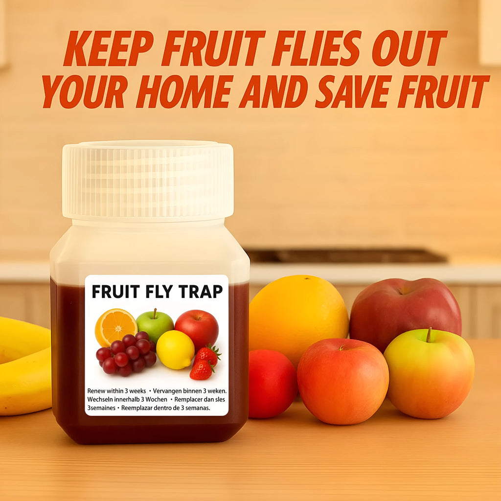 Bottle of SK003 fruit fly bait liquid on a kitchen countertop.