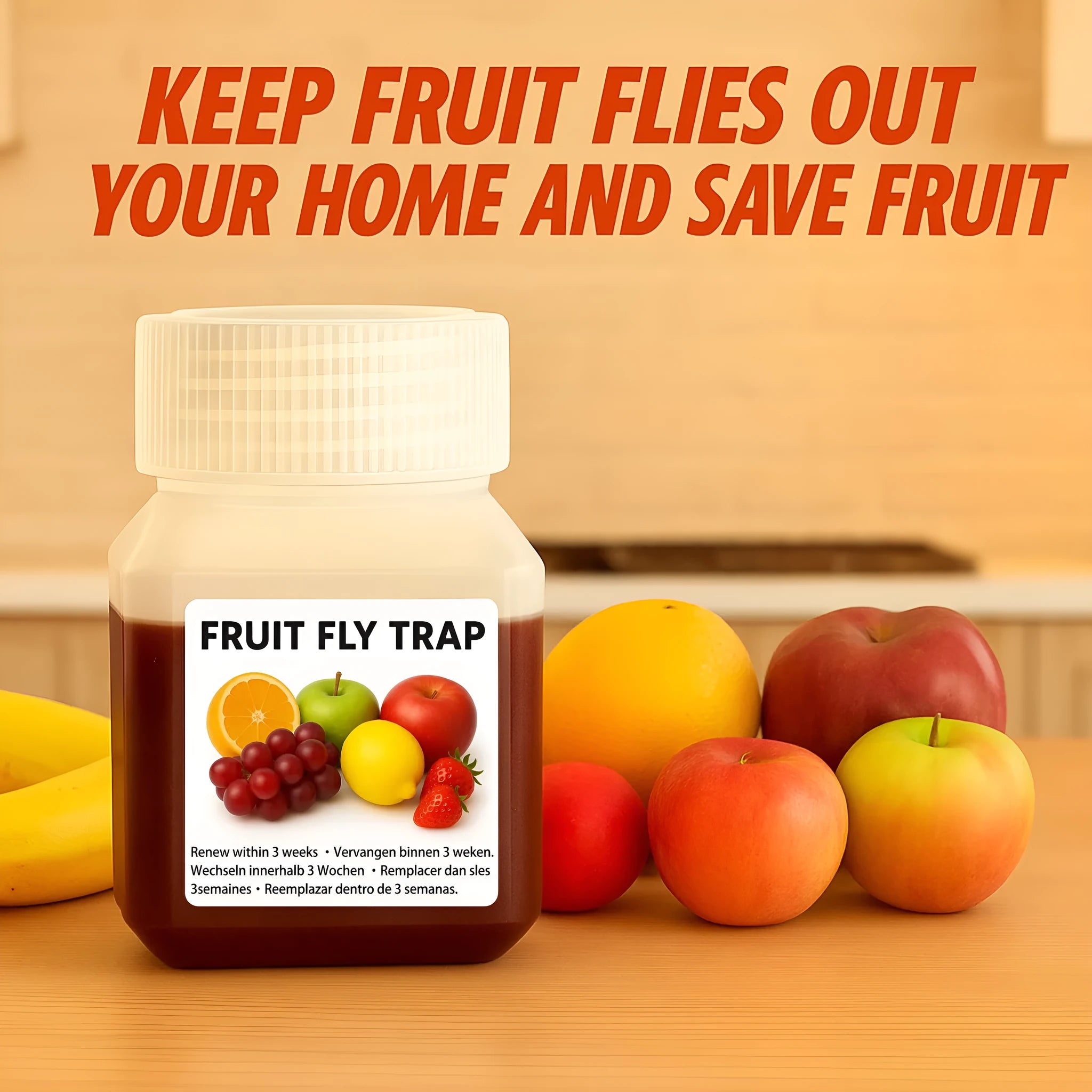 Bottle of SK003 fruit fly bait liquid on a kitchen countertop.