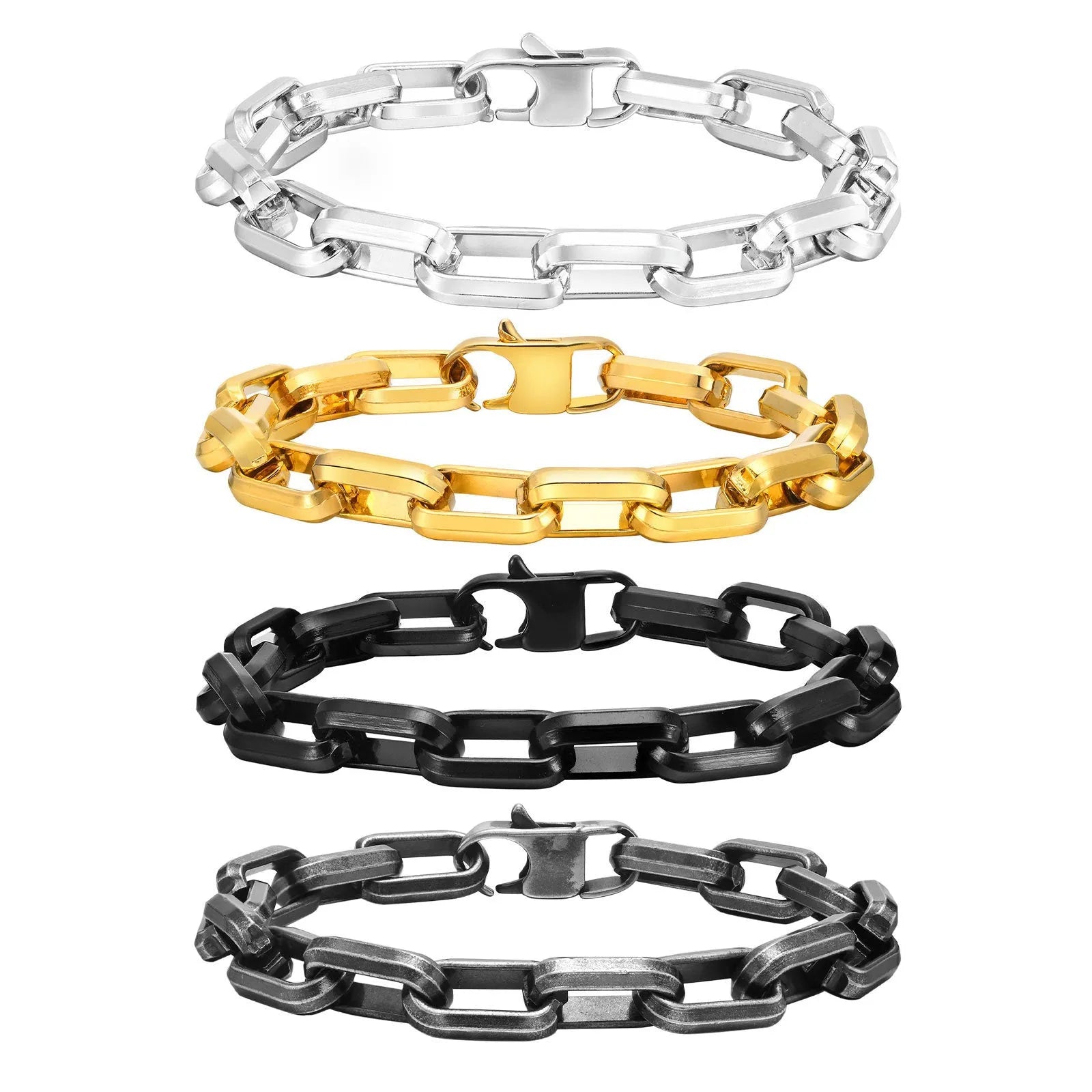 Men's square chain link stainless steel bracelet in black, gold, steel, and retro colours.