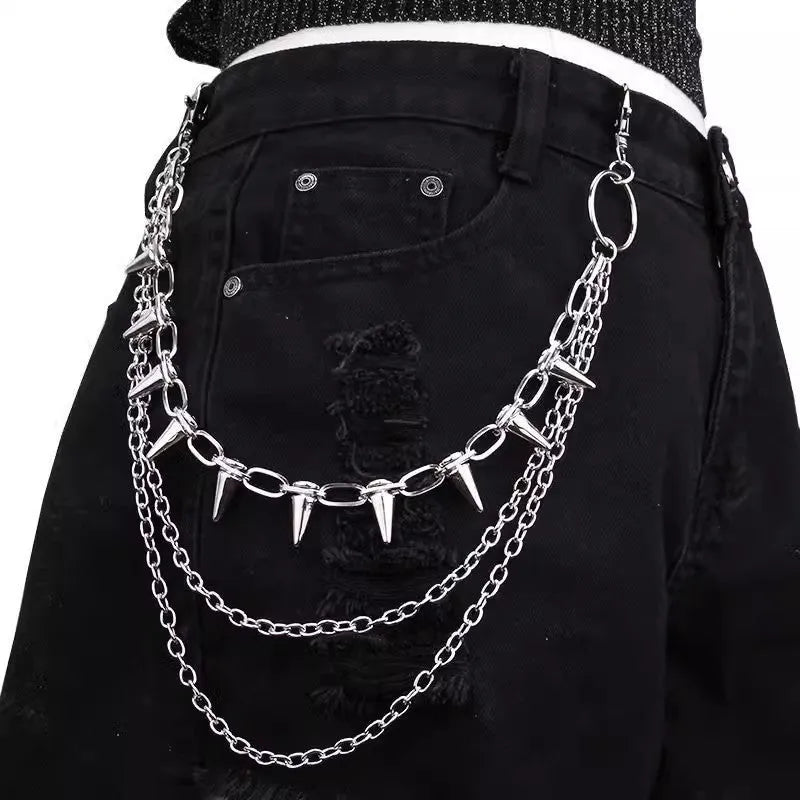 Silver metal alloy punk chain belt with double layers and rivet details, shown at 115cm length.