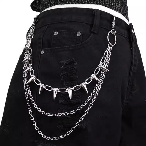 Silver metal alloy punk chain belt with double layers and rivet details, shown at 115cm length.