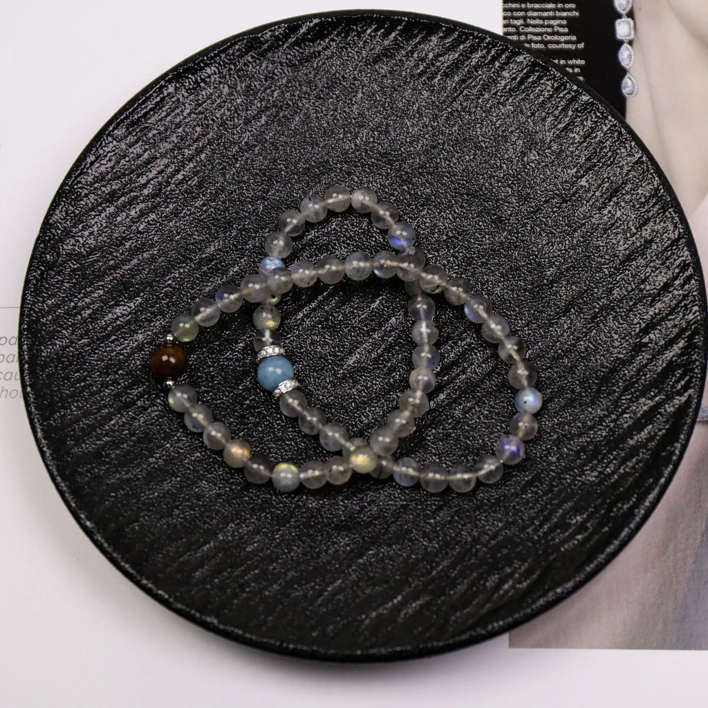Gray moonlight double-layer bracelet with aquamarine moonstone tigereye pearl accents for women