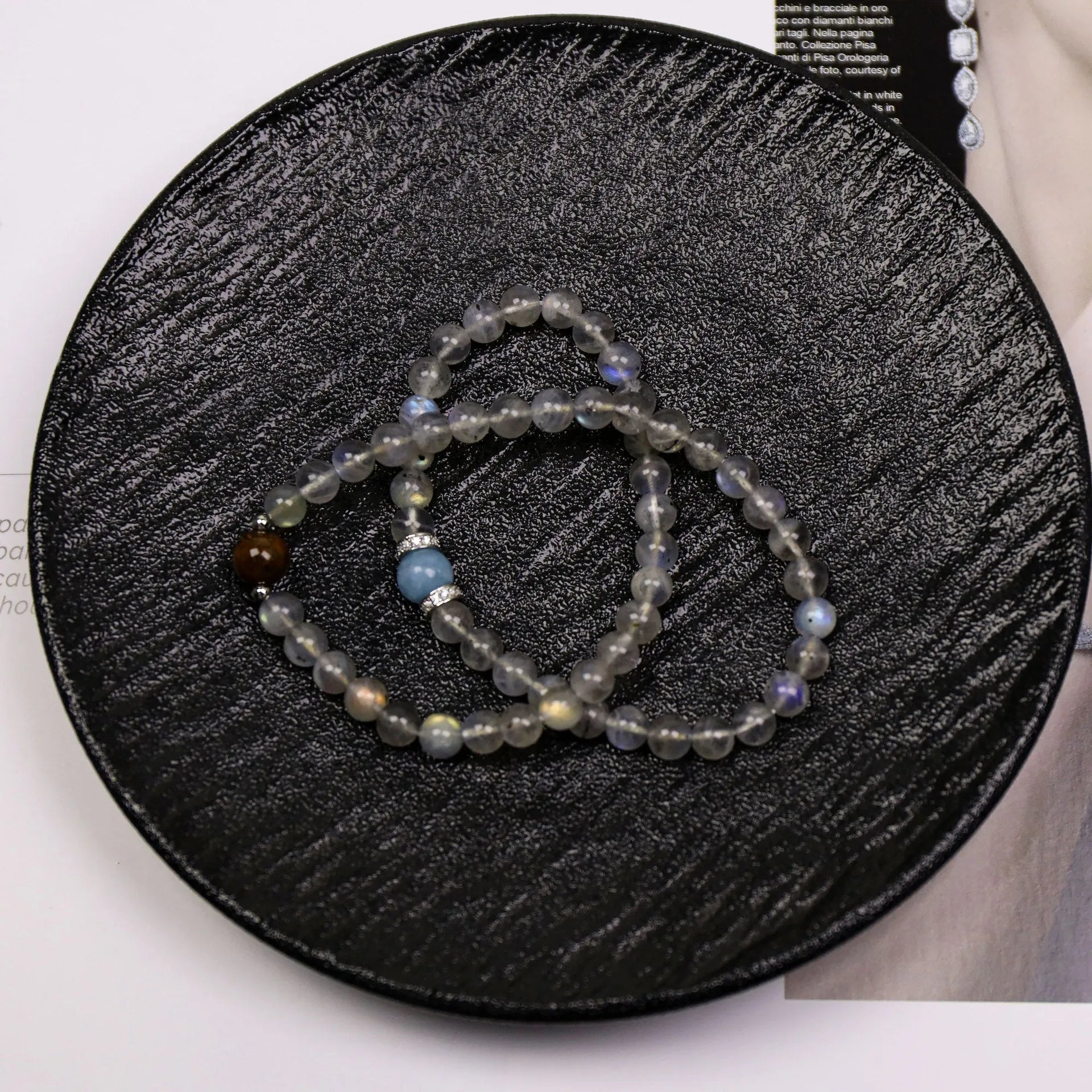 Gray moonlight double-layer bracelet with aquamarine moonstone tigereye pearl accents for women