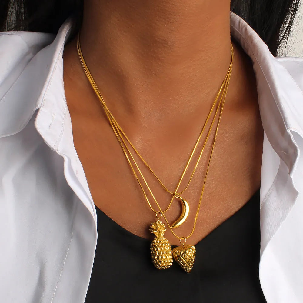 Stainless steel fruit charm pendant necklace for women on an alloy chain.