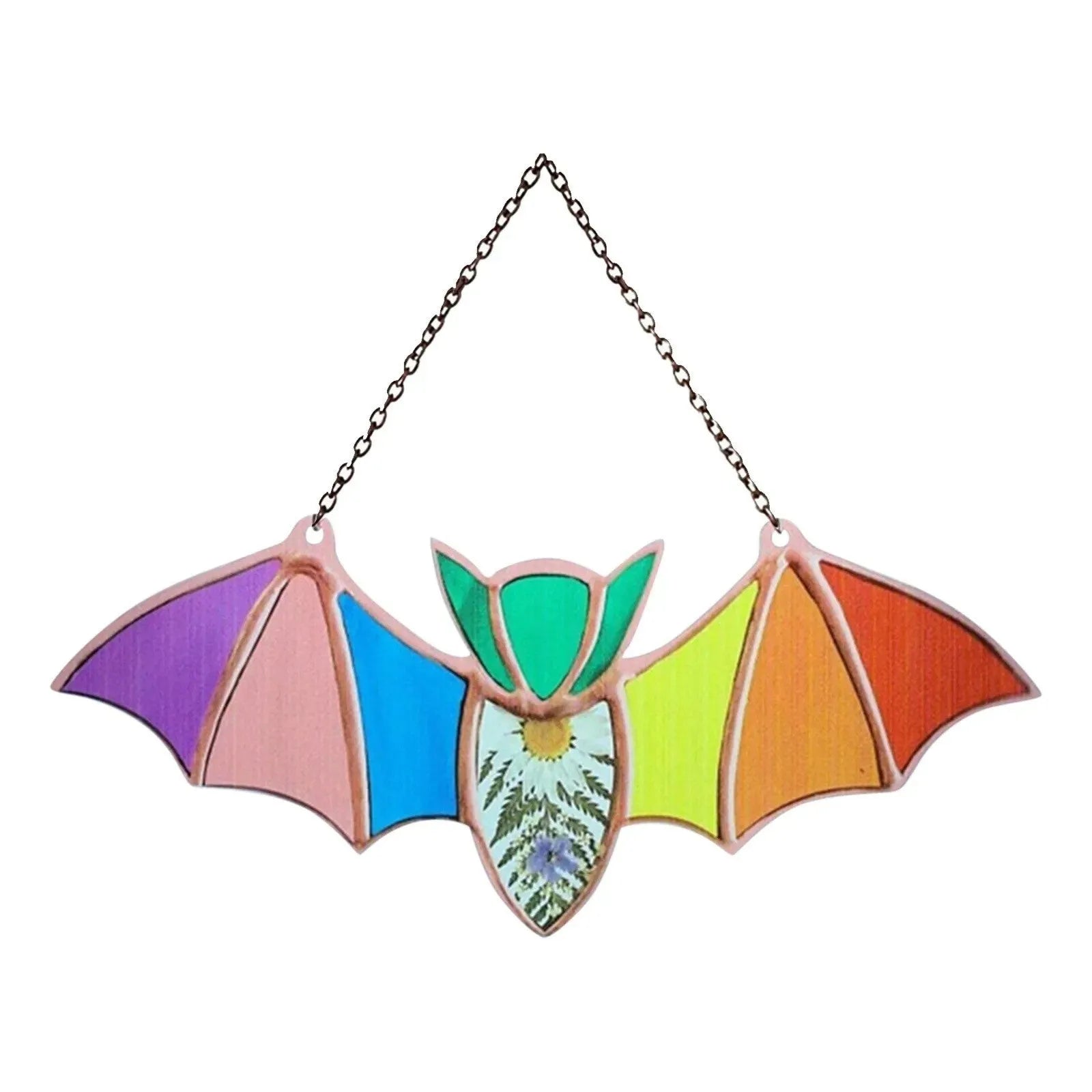 A modern art style bat printed on a clear acrylic wall hanging pendant.