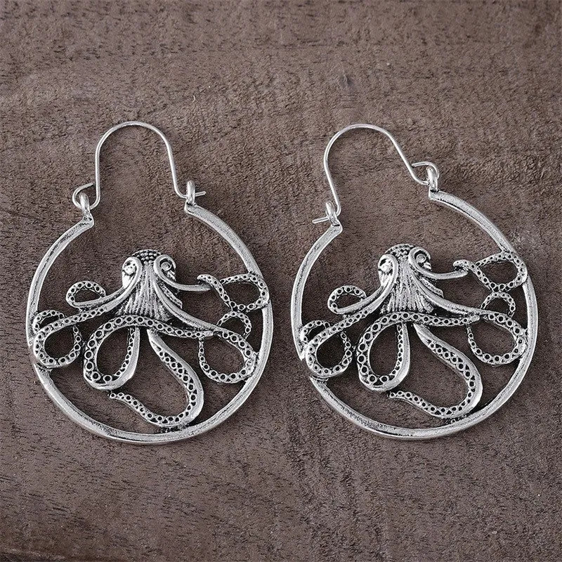 Zinc alloy octopus earrings with electroplated antique silver finish