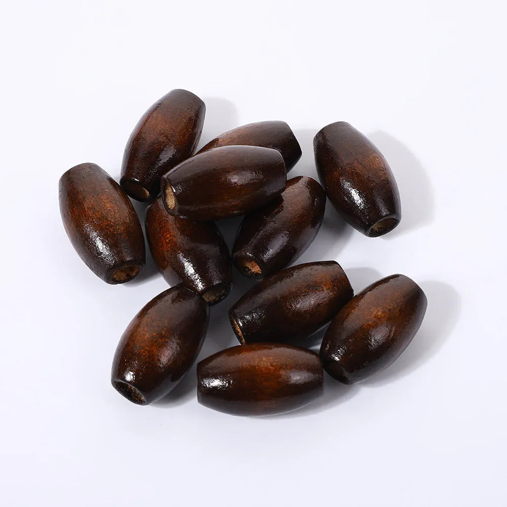 Dark coffee coloured oval wooden beads with M-shaped raised profile and baking varnish finish