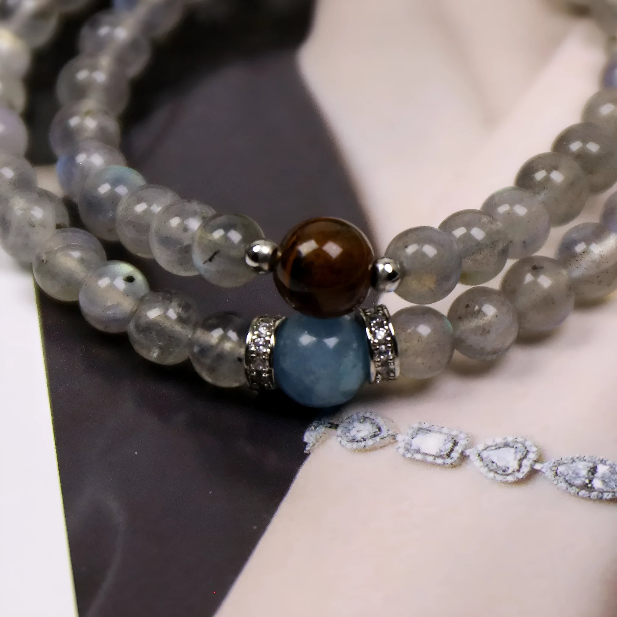 Gray moonlight double-layer bracelet with aquamarine moonstone tigereye pearl accents for women