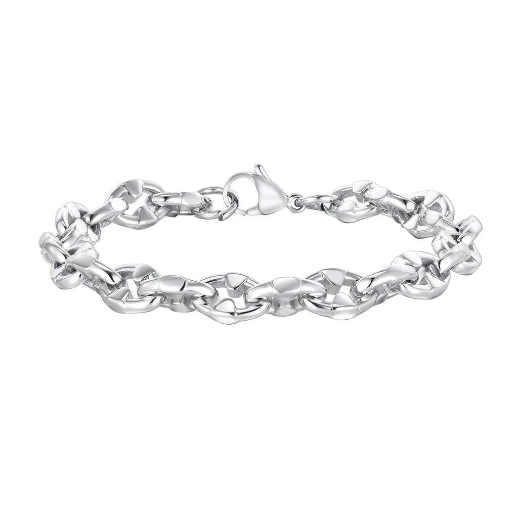 A thick, geometric stainless steel chain bracelet in a steel colour, shown on a wrist.