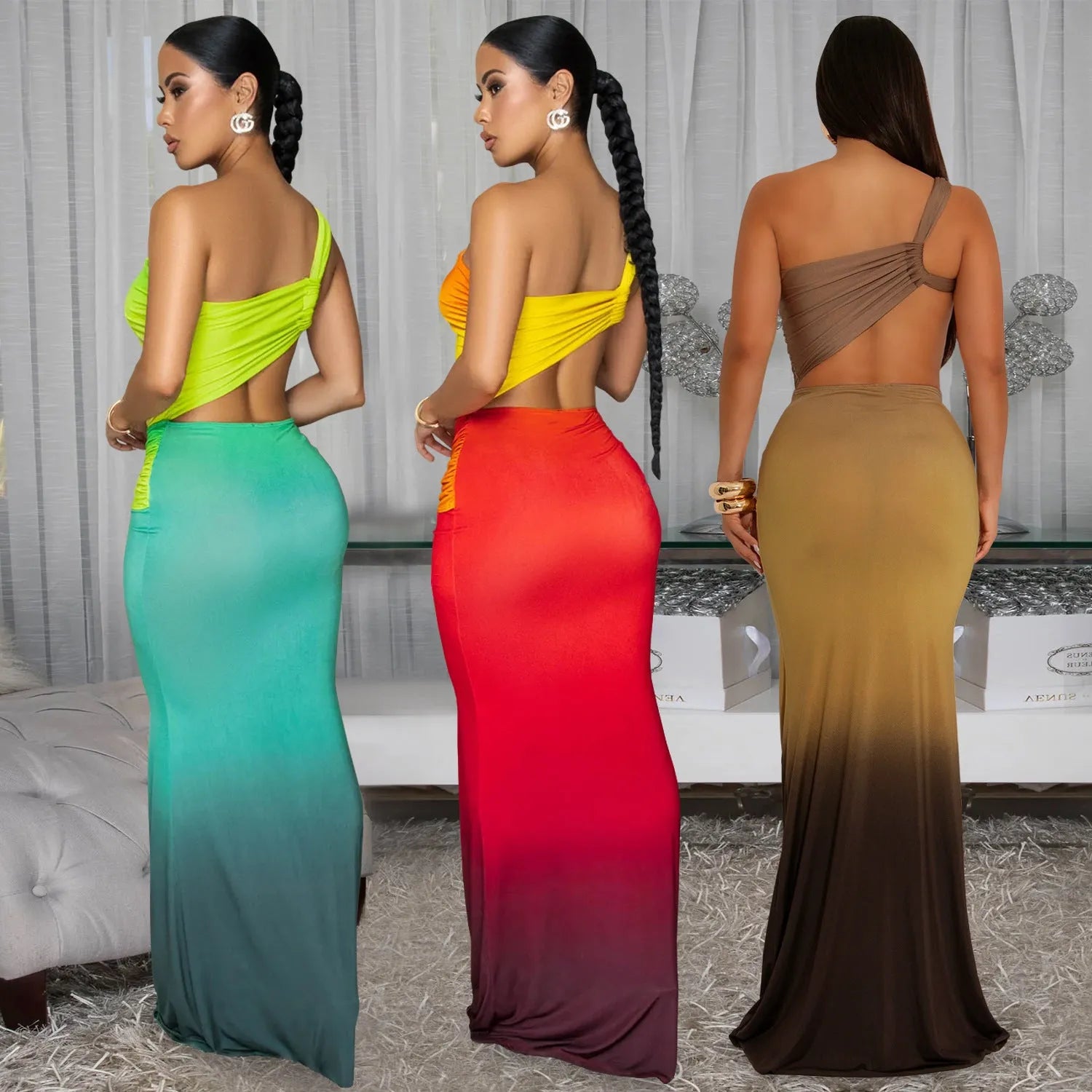 Women's brown gradient cross-shoulder sleeveless maxi dress with a high waist on a mannequin.