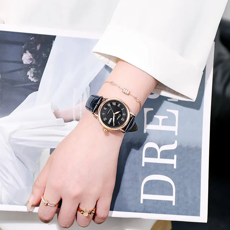 Women's automatic mechanical watch with white dial on a rose gold steel bracelet.