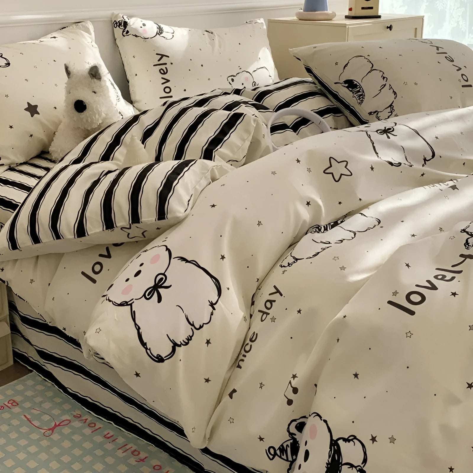 Cartoon dog pattern pure cotton duvet cover and pillowcases on a bed, showing Animal World design.