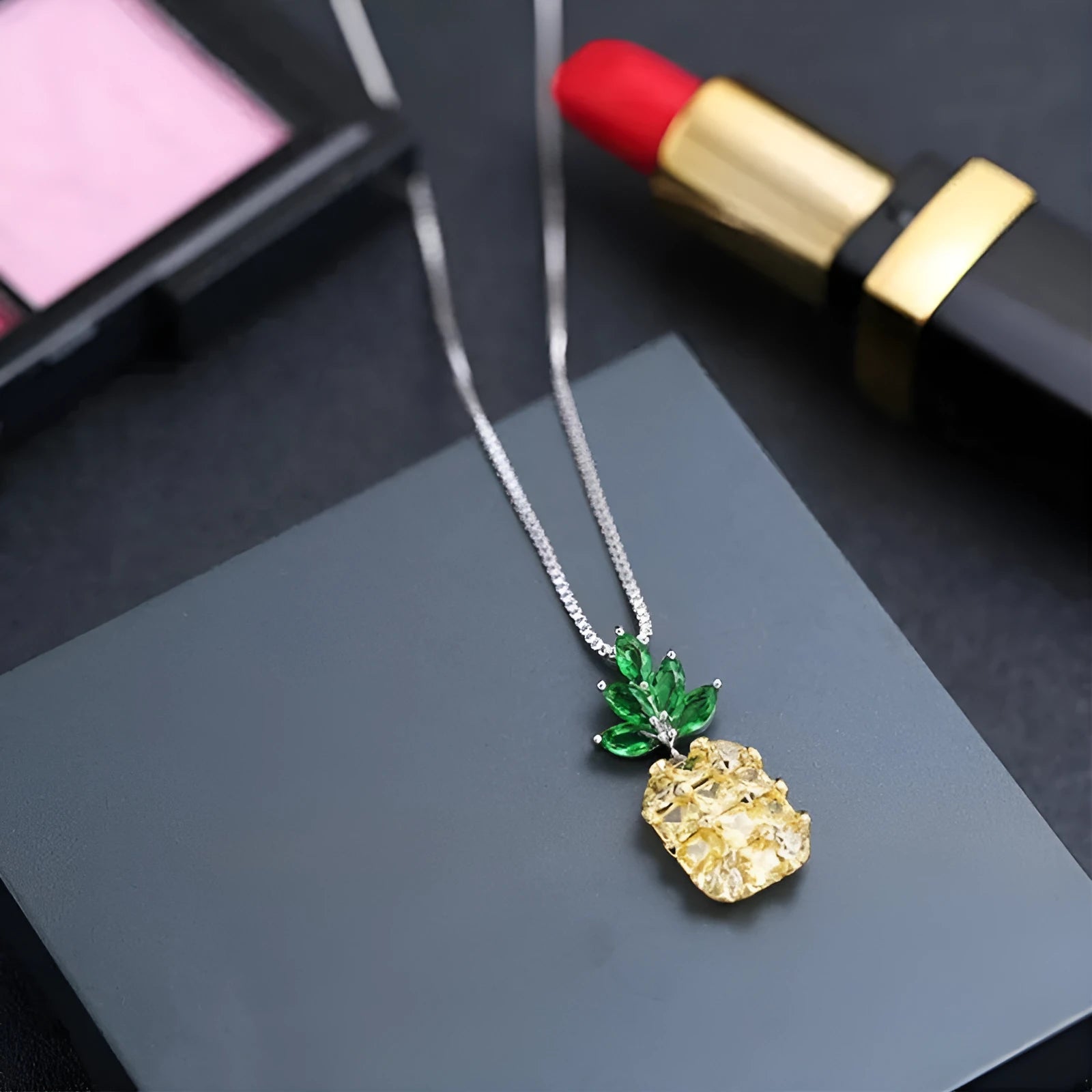 Silver Korean fashion necklace with a geometric pineapple and diamond design pendant.
