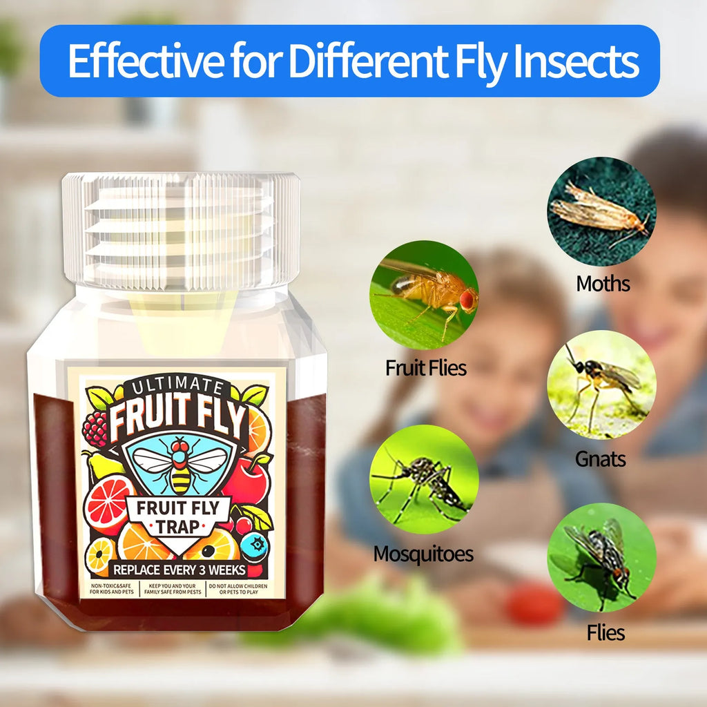 Bottle of SK003 fruit fly bait liquid on a kitchen countertop.