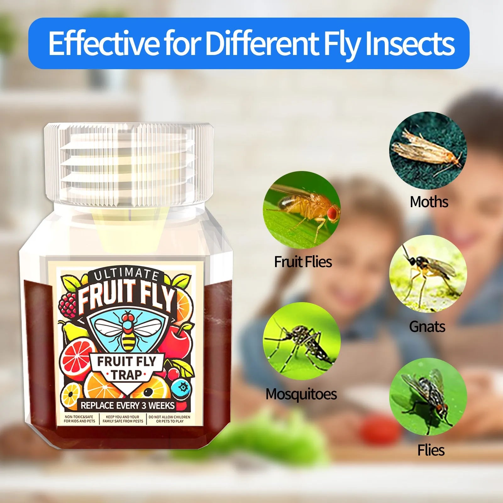 Bottle of SK003 fruit fly bait liquid on a kitchen countertop.