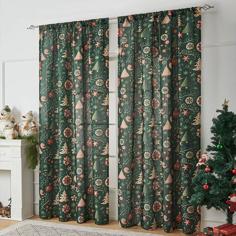 American-style rectangular curtain with printed festive design showing semi-sunshade function