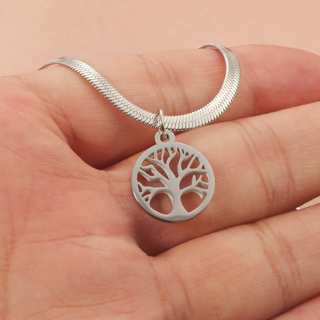 Stainless steel necklace with a U-shaped tree pendant on an adjustable snake chain.