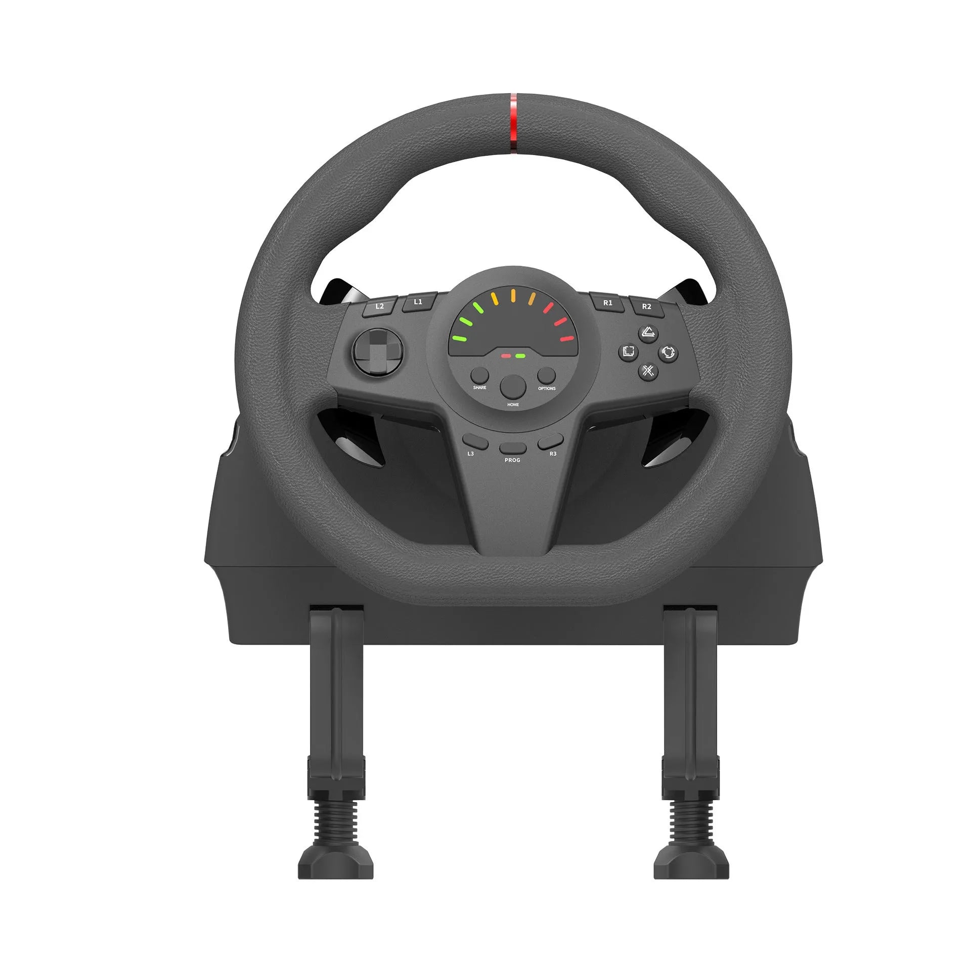 Black multi-platform gaming steering wheel with two pedals, paddle shifters, and LED display on a desk.