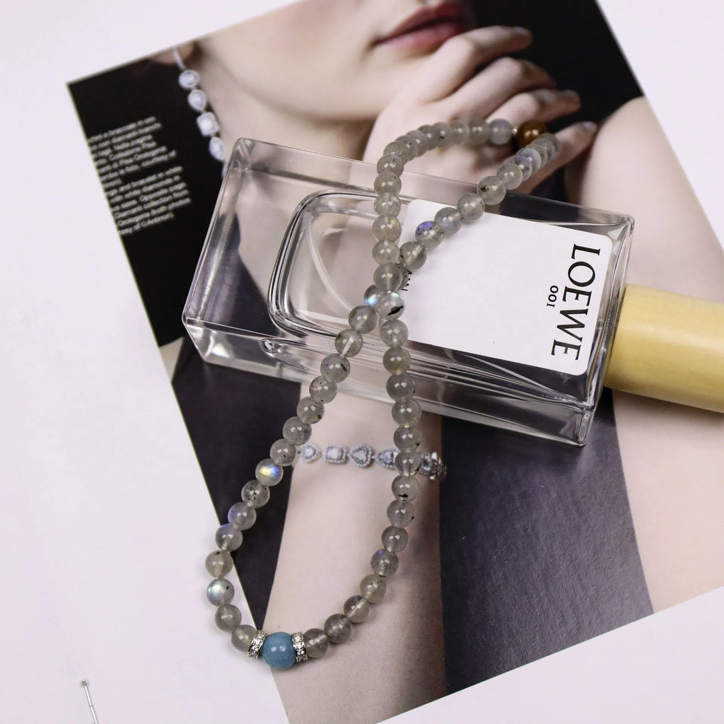 Gray moonlight double-layer bracelet with aquamarine moonstone tigereye pearl accents for women