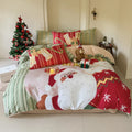 Christmas cartoon printed duvet cover and pillowcases on a bed, showing Gingerbread Man pattern.