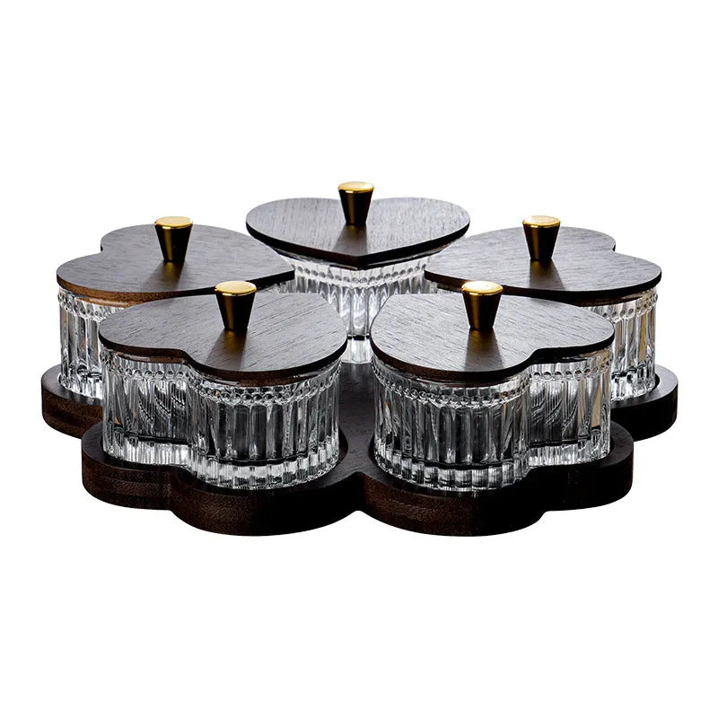 Glass dim sum plate with transparent heart-shaped lid in retro style, showing compartment options