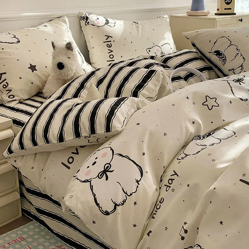 Cartoon dog pattern pure cotton duvet cover and pillowcases on a bed, showing Animal World design.