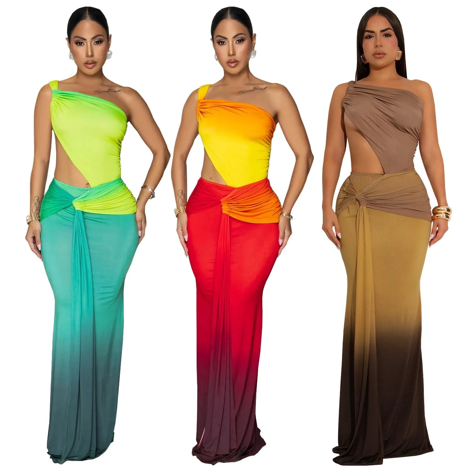 Women's brown gradient cross-shoulder sleeveless maxi dress with a high waist on a mannequin.