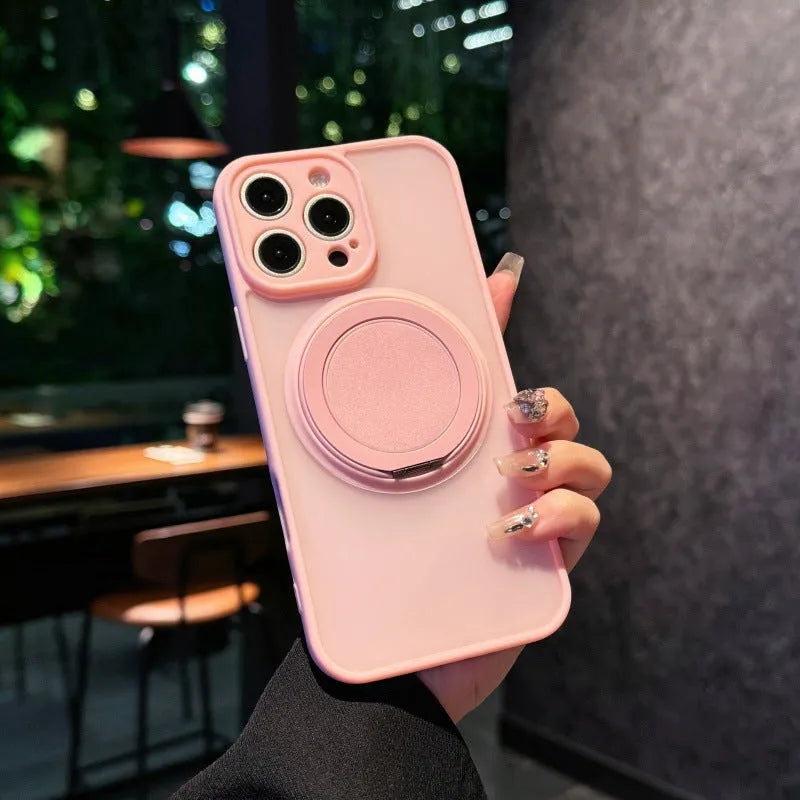Transparent frosted magnetic phone case with a built-in folding stand for iPhone.