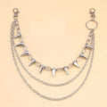 Silver metal alloy punk chain belt with double layers and rivet details, shown at 115cm length.