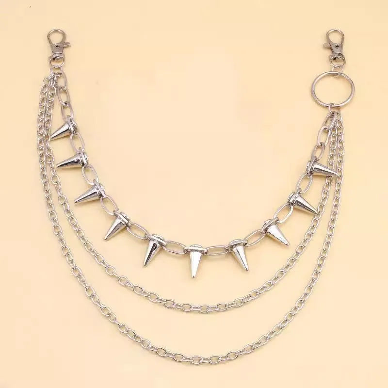 Silver metal alloy punk chain belt with double layers and rivet details, shown at 115cm length.