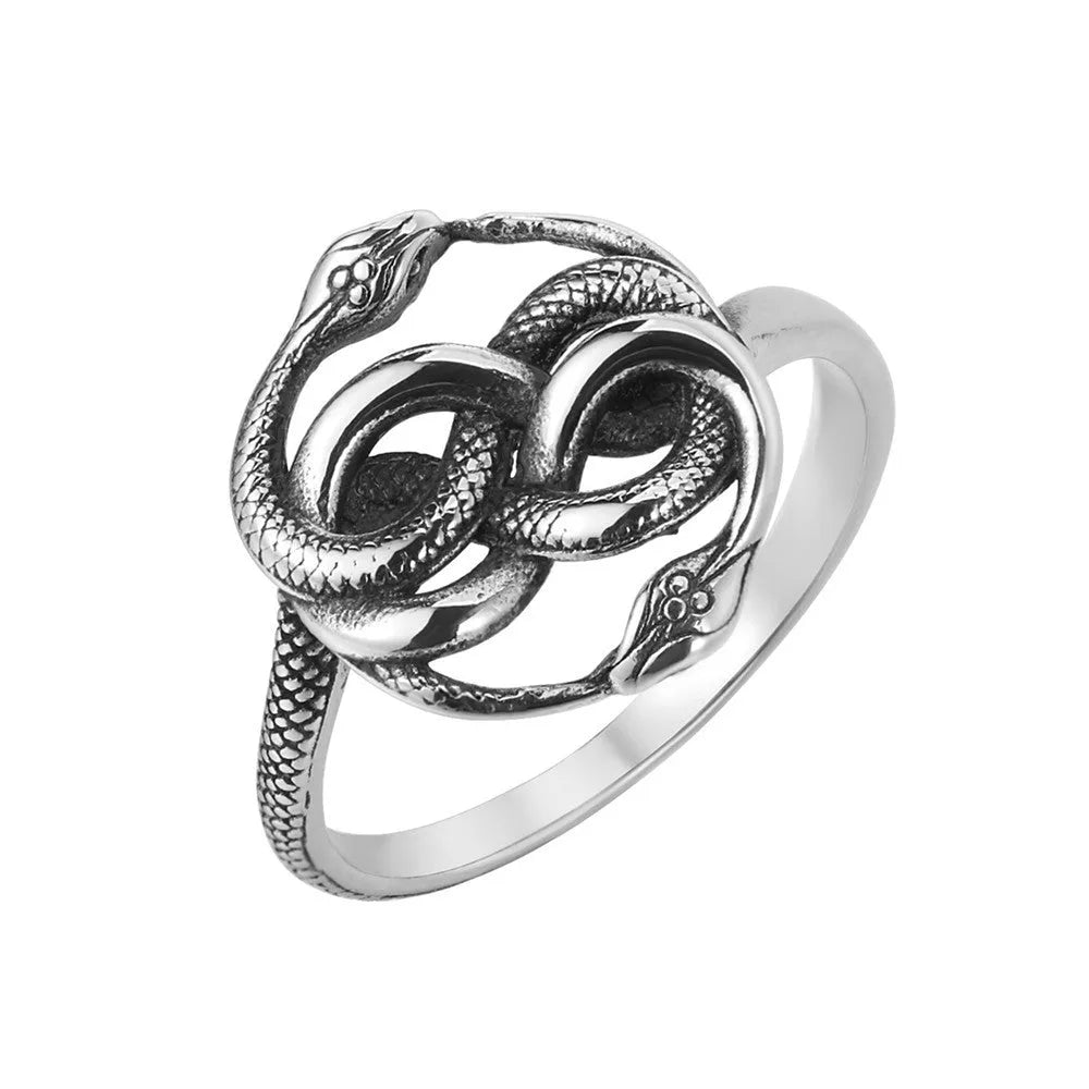Titanium steel double snake ring in retro style with a steel colour finish, shown on a hand.