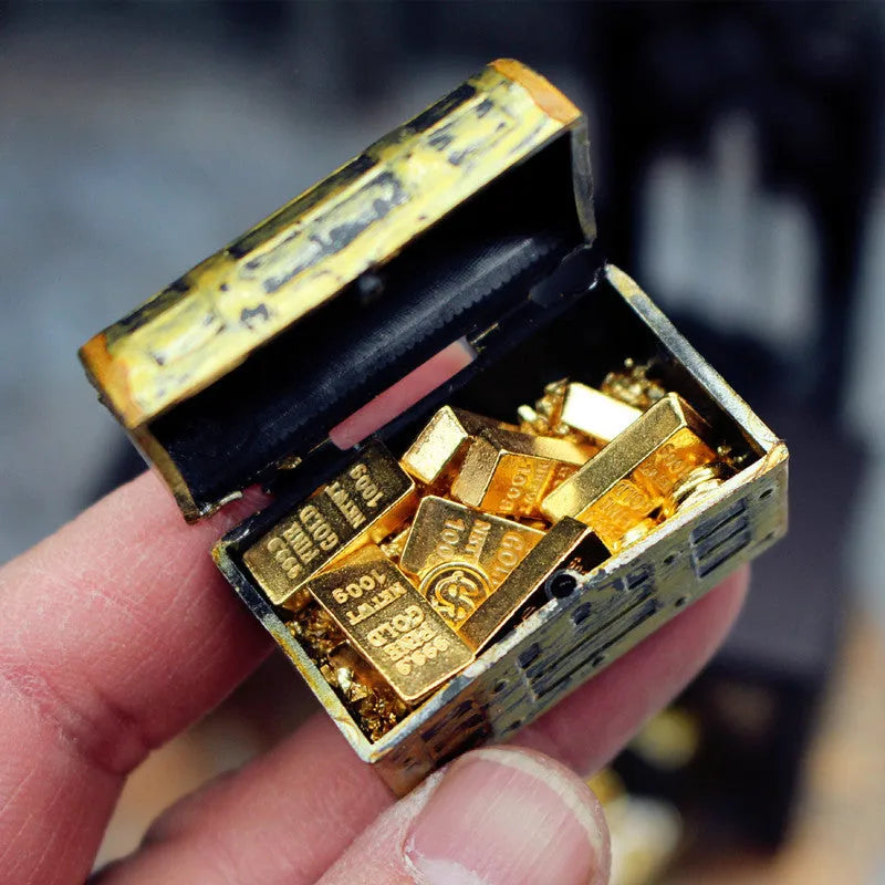 Miniature alloy gold coin treasure box and gold bar dollhouse accessories.